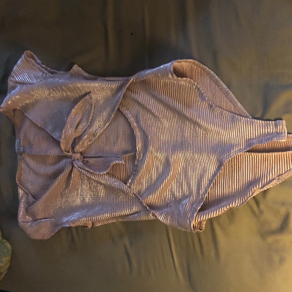 Soft pink and metallic bodysuit.